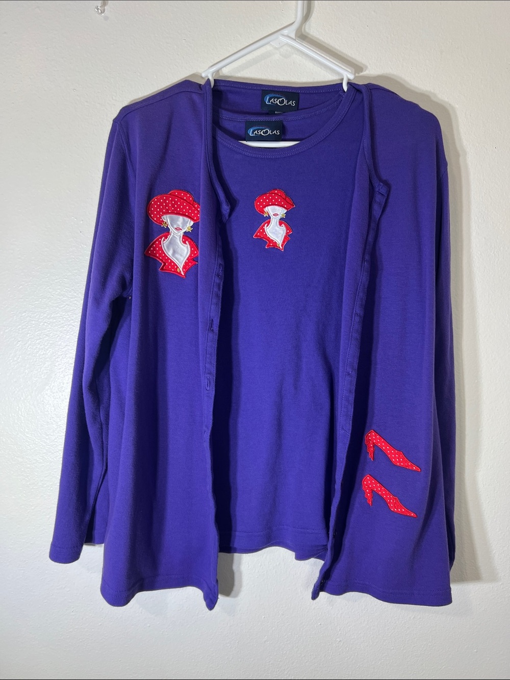 Las Olas Purple Two-Piece Sweater Cardigan Set with Red Appliqué